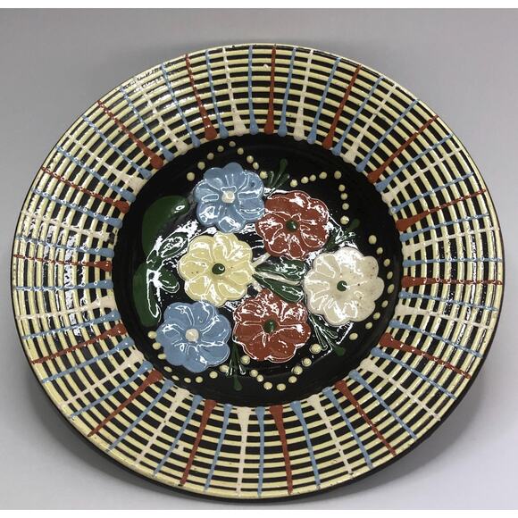 Keramika Pozdisovce Other - Vintage Keramika Pozdisovce Folk Art Pottery Wall Bowl Florals Stripe Slovakia